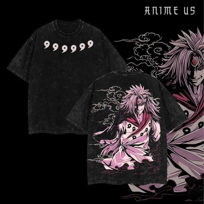 Men's Oversized Ribbed Round Neck Short Sleeve T-Shirt - 230gsm Heavyweight Acid Washed Pre-Washed Soft Cotton, Double-Sided Madara Uchiha Anime Graphic Classic Top