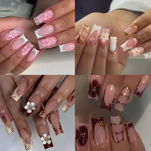 96pcs Fake Nails Set, Medium-Length Square Tips, Acrylic Material, Versatile Styles, Gold Accents, Leopard Print Nails, Floral Nail Art, Easy Application, Perfect for All Occasions, Nail Art Design