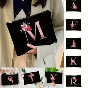 Floral Print Monogram Cosmetic Bag - Black Polyester Travel Makeup Pouch with Zipper Closure, Perfect Bridesmaid Gift, Wedding & Birthday Present for Mom, Teacher, Friends - Lightweight & Easy to Clean, Cosmetic Storage, Makeup Bag
