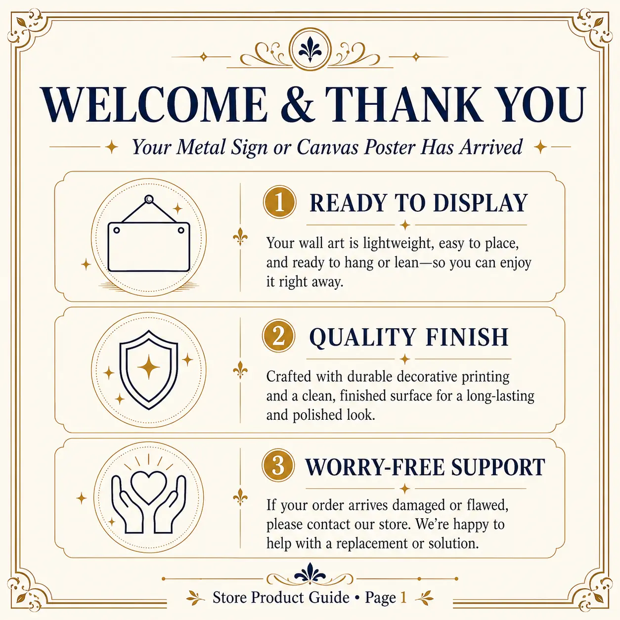 Artistic After-Sale Instructions Manual for Home Decor Wall Metal Signs, Canvas Posters - Ideal for Wall Decor, Room Decoration Needs, Room Decorations