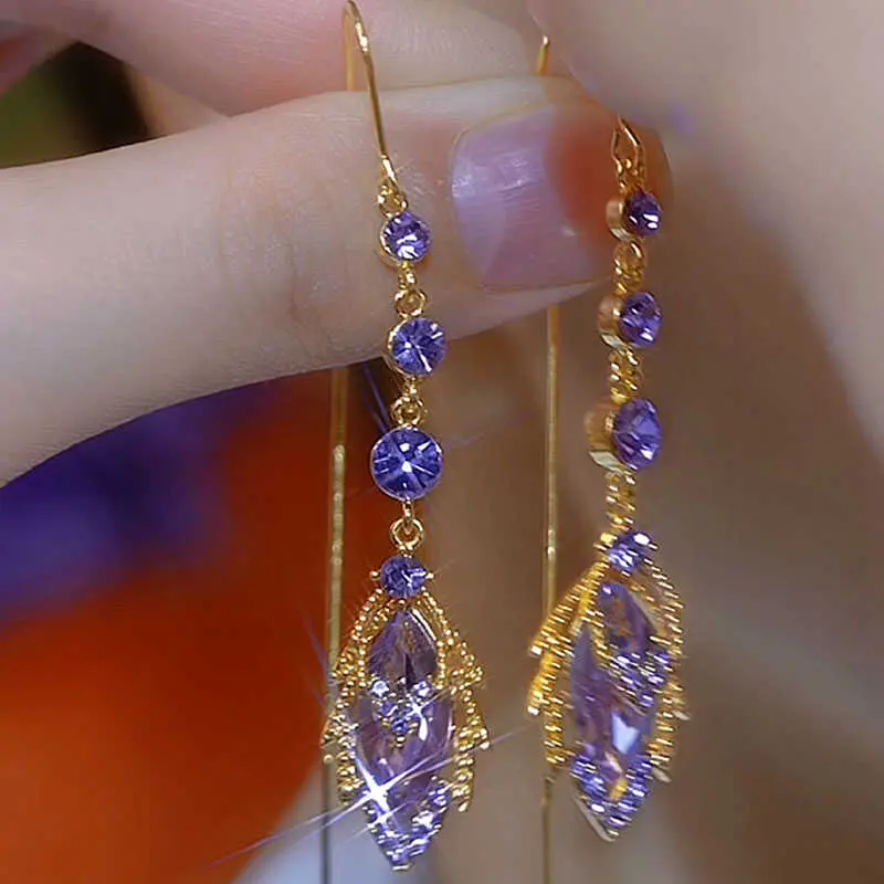 Long Drop Earrings Zircon Jewelry Dreamy Purple Elegant Pendant Earrings Tassel Earrings Dangle Earrings, Long Ear Line,Jewelry Gift for Daily Wear
