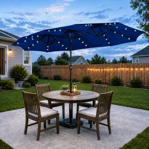 【All Navy Blue】Yaheetech 13/15FT Extra Large Patio Umbrella with 36 Solar LED Lights, Double-Sided Outdoor Market Parasol with Base, Sandbags, Hand Crank & Ventilation Canopy for Patio Garden Backyard
