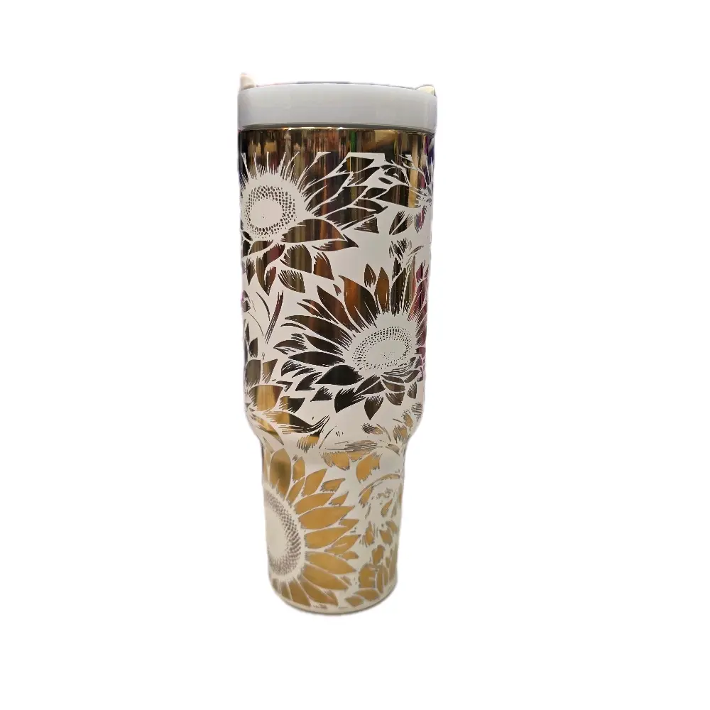 40oz Aesthetic Engravable Tall Cylinder Sunflower Print Tumbler - Kitchenware Drinkware for Everyday Use