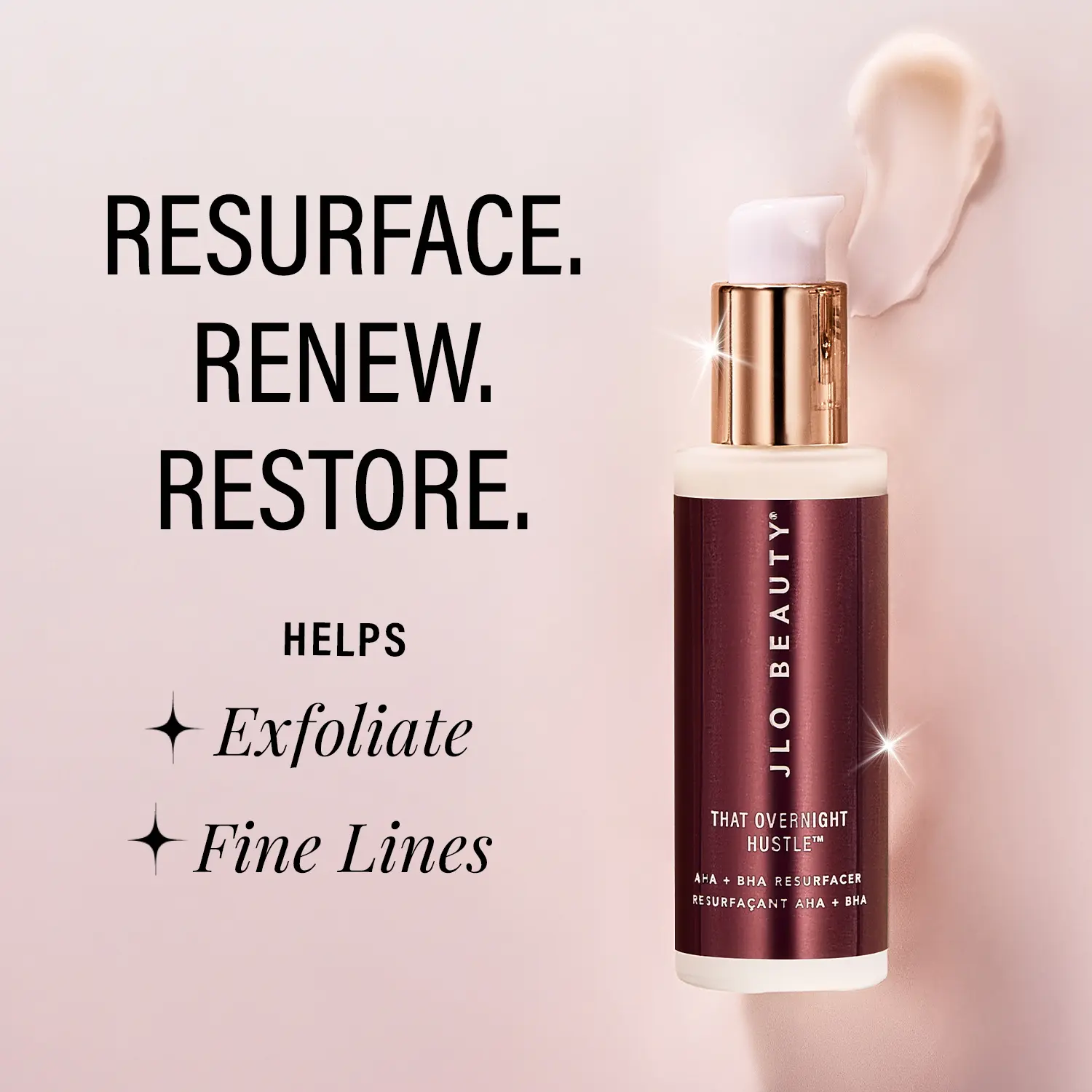 JLO BEAUTY That Overnight Hustle Gentle AHA BHA Glycolic Acid Facial Exfoliant Resurfacer Moisturizer with Hyaluronic Acid - 30ml (0.5-1 fl.oz), Evening Use, All Skin Types, Hydrating Selfcare, Plump Complexion, Skin Transformation, Fine Line Reducer, Exf
