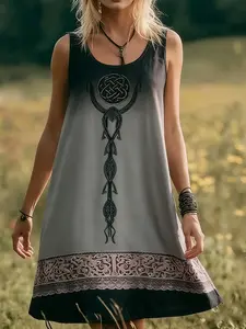 Women's Spring Summer Vintage Ethnic Geometric Print Sleeveless Dress, Casual Daily Wear, Ladies Fashionable Long Dress, Casual Boho Chic