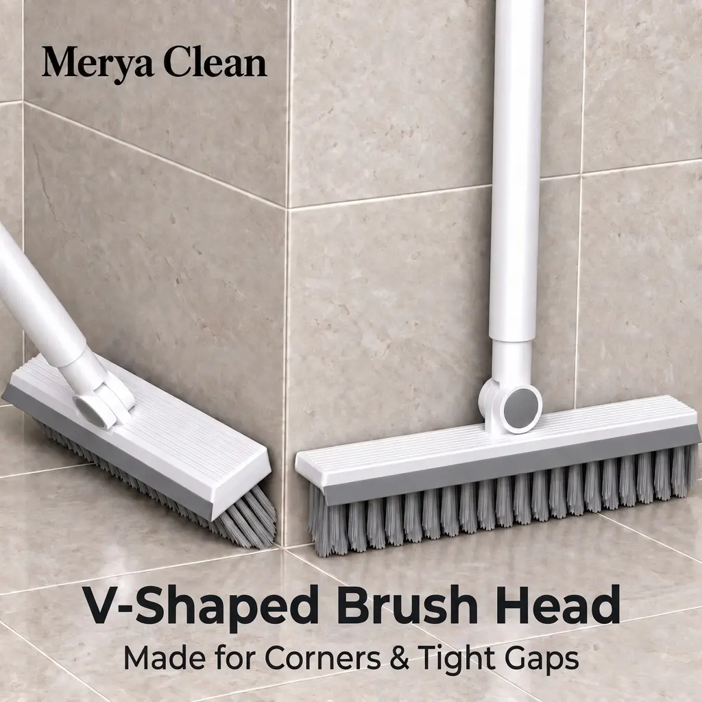 V-Shaped Bathroom Scrub Brush with Squeegee, Long Handle Floor Scrubber for Shower Tile, Grout Lines and Kitchen Floors, Multipurpose Corner Cleaning Brush for Narrow Gaps, Wall Edges and Everyday Household Cleaning, Scrubbing and Water Removal push