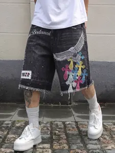 Men's Saint Boulevard Embroidered Denim Bermuda Shorts, Graphic Shorts, Loose-Fit Street Style, Above Knee, Zipper Fly, Casual Wear, Hip-Hop Fashion, Streetwear