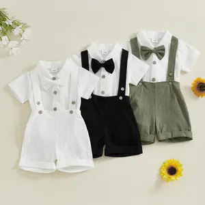 3 Pcs Set Baby Boy Gentleman Outfit Solid Color Short Sleeve Lapel Neck Romper With Suspender Shorts And Bowtie Toddler Boys Formal Romper With Lapel