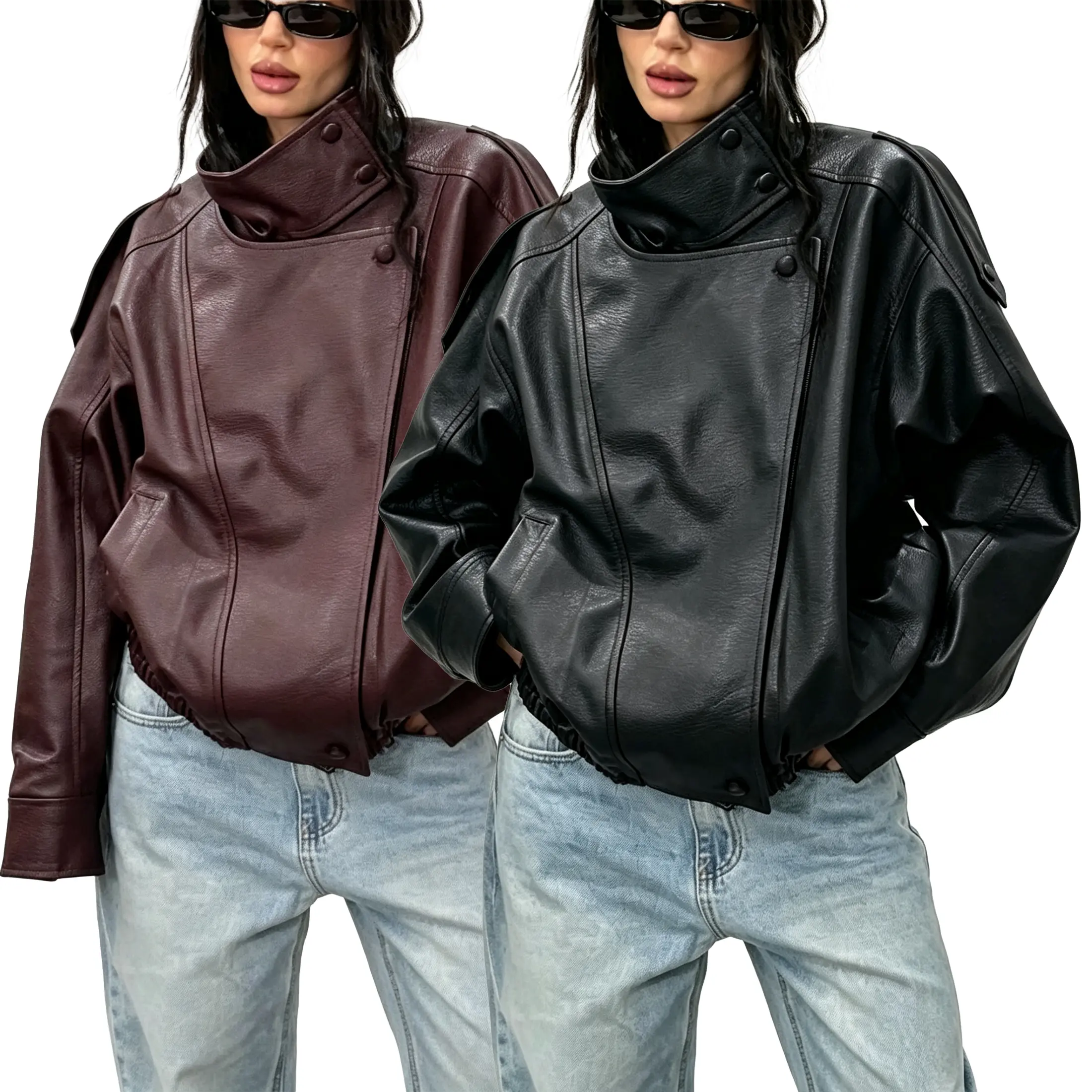 Wandal Women Oversized Stand Collar Vegan Leather Bomber Jacket Diagonal Zip Moto Coat Elastic Hem Vintage 90s Streetwear Fall Jacket
