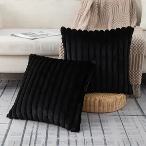 Set of 2 Faux Fur Plush Black Throw Pillow Covers Fluffy Striped Pillowcase Cushion Covers for Sofa Couch Bedroom 18x18 Inch