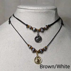 Ceramic Beaded Silver or Gold Moon & Sun Charm Boho Hippie Whimsical Adjustable Black Rope Cord Choker Stacking Necklace