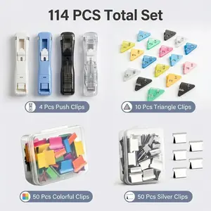Clip Dispenser Refill Clips Sorting Marking Clip Set, Paperclips, total 114 pieces. The set includes 4 clip dispensers, 50 colored clips, 50 silver clips and 10 triangular clips, all reusable. Ideal for sorting exam papers, documents and files.