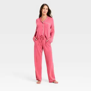 Women's Cloud Knit Long Sleeve Notch Collar Top and Pants Pajama Set - Auden