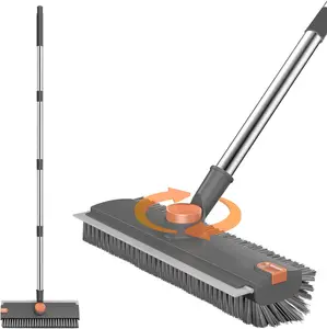 Floor scrubbing brush with long handle, 3-in-1 scraper and heavy-bristle brush, for cleaning showers, patios, pools, garages, kitchens, walls, and decks