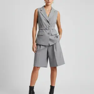 Women's Fitted Minimalist Sleeveless Grey Basic Short Suit Set, Essential Womenswear Clothing Set
