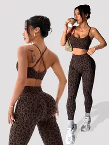 Women's Spring Summer Leopard Print Two-Piece Set, Adjustable Straps Backless Top + High Waist Slim Fit Pants, Sweat-Wicking Yoga Fitness
