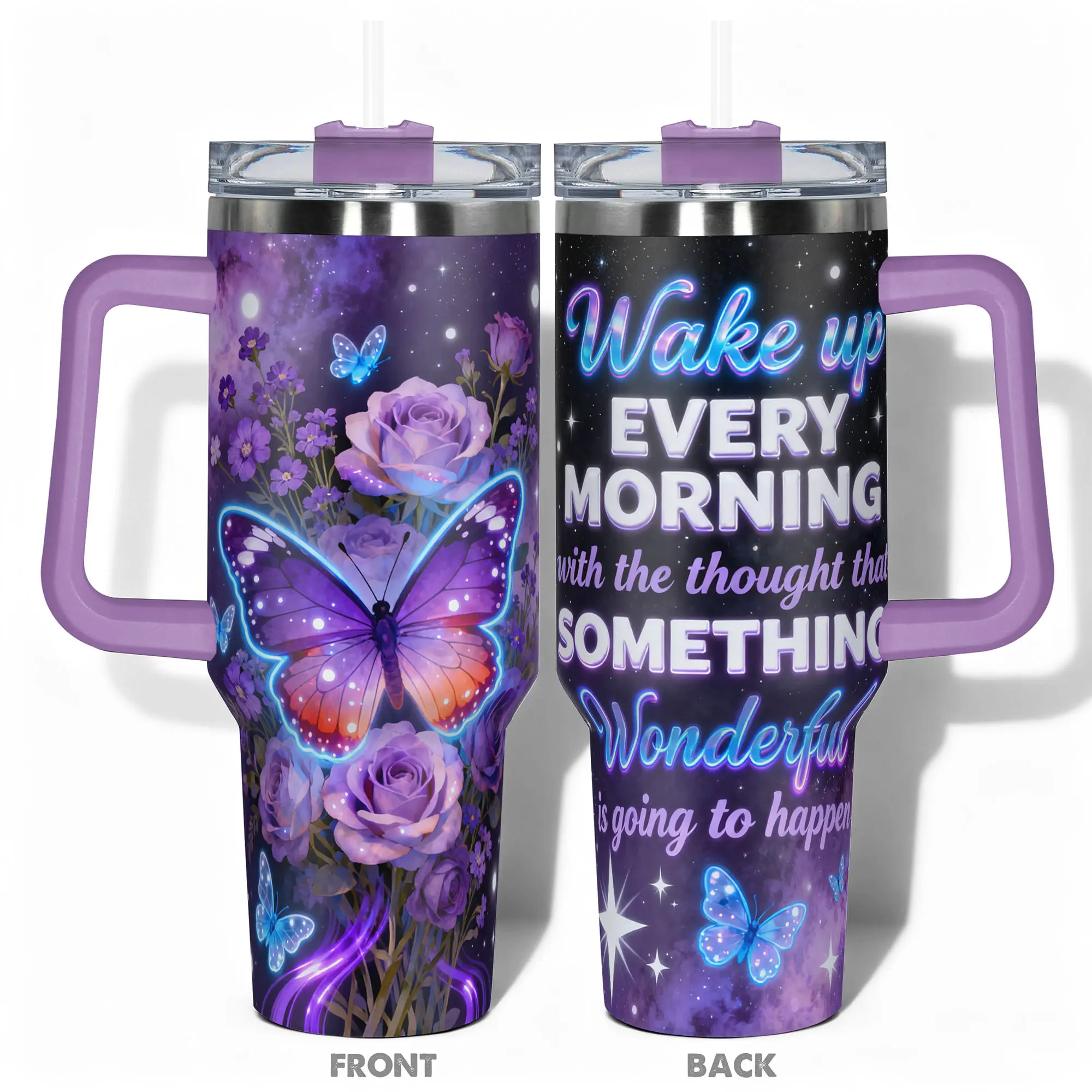 1pc Stainless Steel Cup, Tumbler Reusable Cup, Insulated Water Cup, Insulated Drinkware, 40oz/30oz/20oz Vacuum Insulated Tumbler, With Butterfly and Rose Double-layer insulation Leakproof Large Capacity, Ideal for Gym, Hiking, Travel, Birthday, Christmas