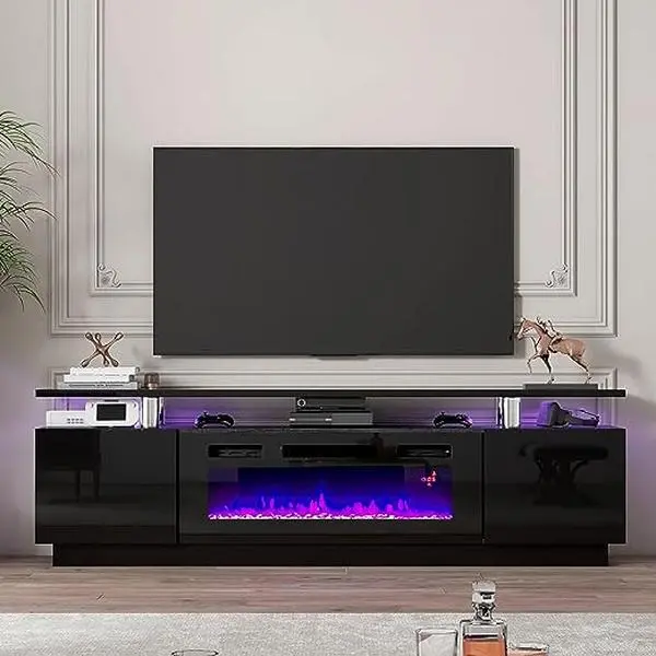 [SummerSale] AMERLIFE Modern Fireplace TV Stand w 36" Electric Fireplace, High Gloss Finish Media Console, LED Lights Entertainment Center for TVs Up to 70"/80"