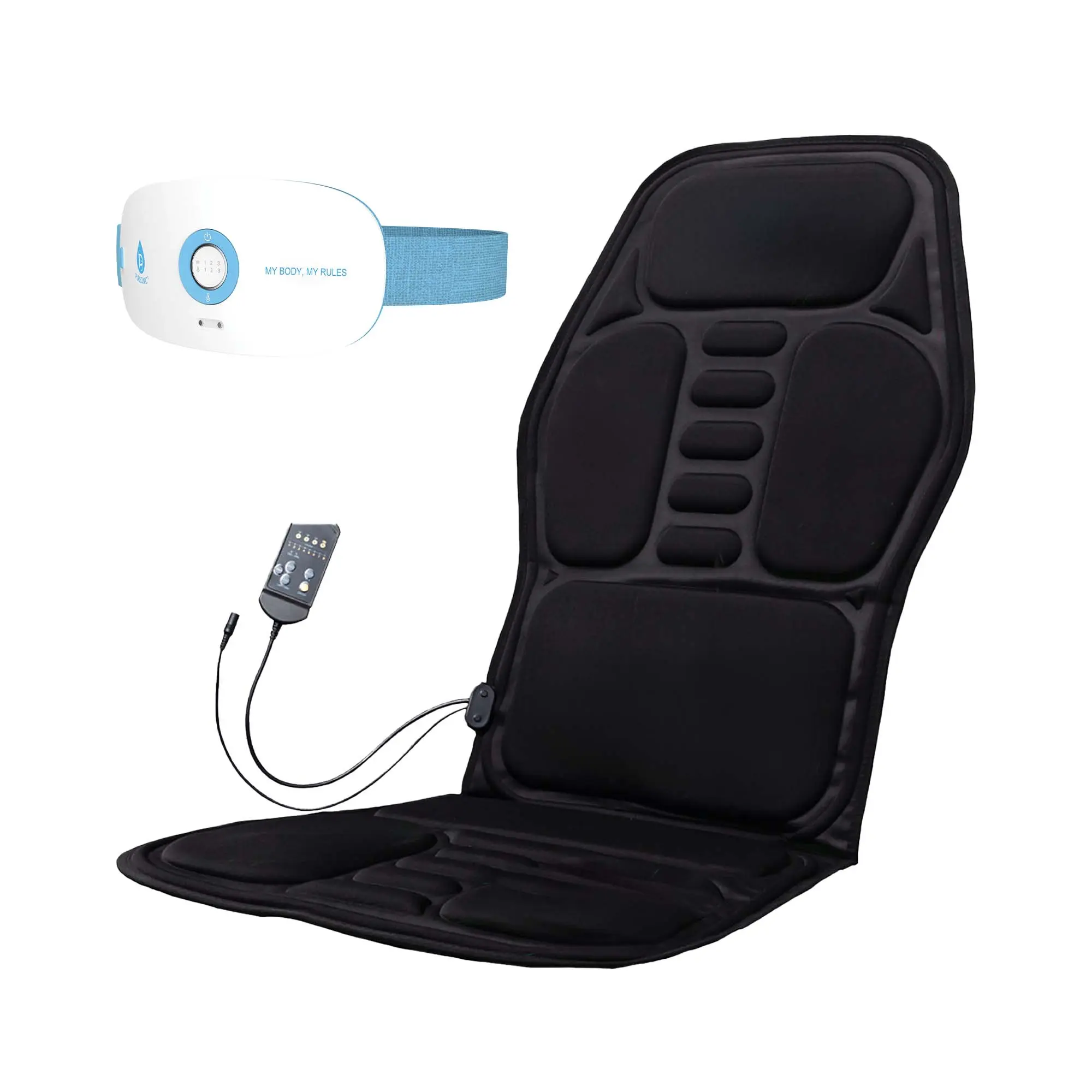 Pursonic Heat & Vibration Comfort Bundle – Chair Cushion Massager with Shiatsu Nodes + USB Rechargeable Stomach & Back Massager