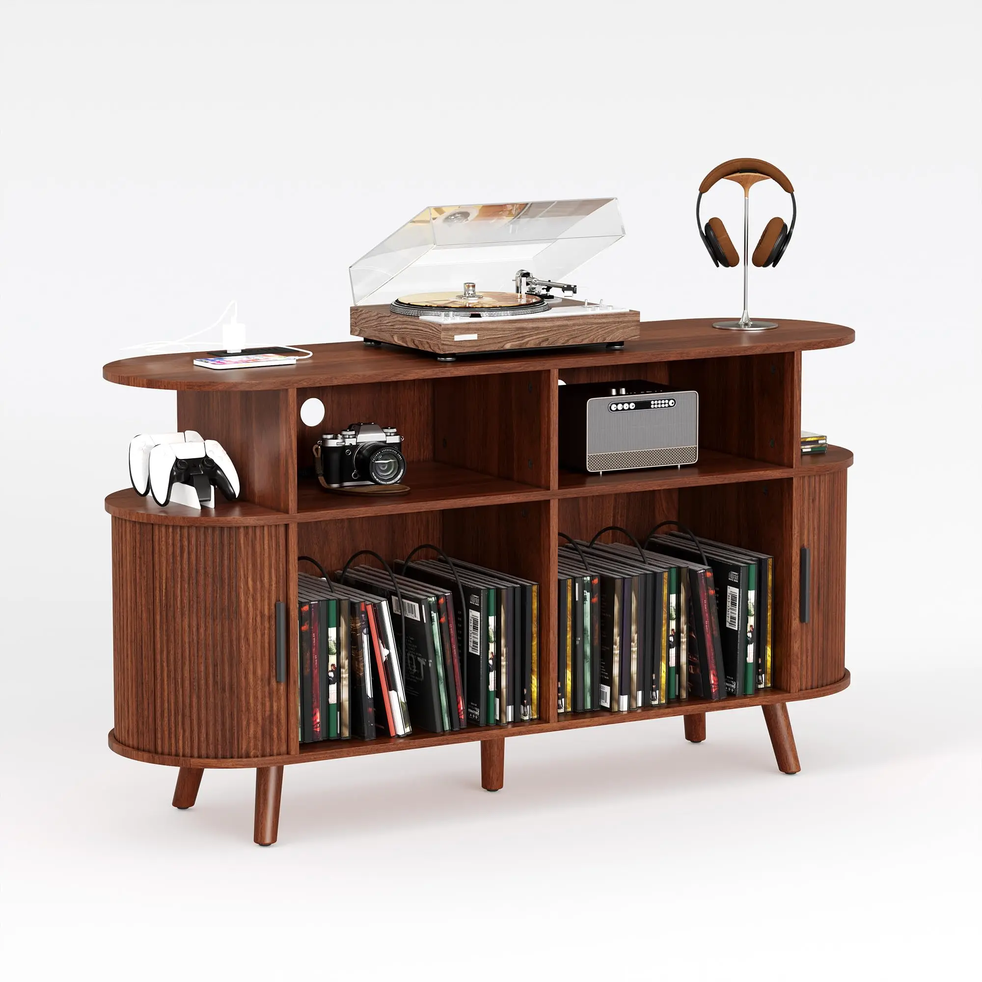 Mid Century Modern Record Player Stand Wood Turntable Cabinet With Charging Station Fluted Oval Media Console TV Stand 55 Inch Vinyl Storage Chest Divided Display Rack Board Sideboard Buffet For Living Room Bedroom Studio Walnut