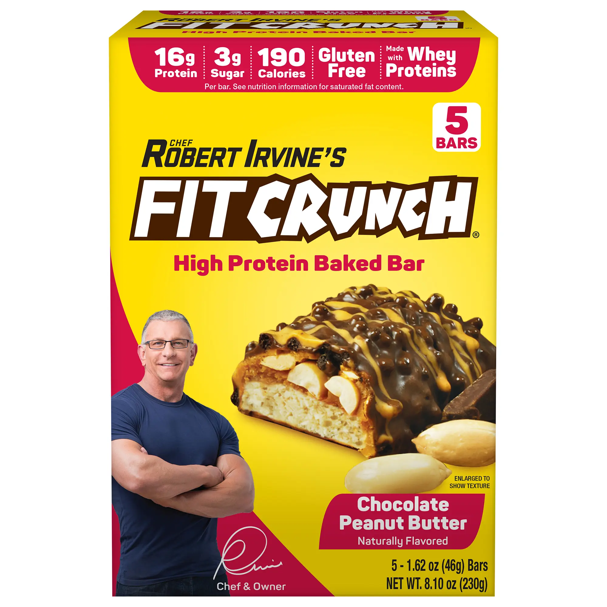 FITCRUNCH Chocolate Peanut Butter, High Protein Baked Bar, 16g Protein, 5ct Snack Flavor