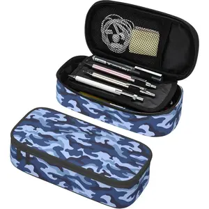 Adults Camo Style Pencil Case Blue Pencil Box for Boys Men Girls Women, Portable Canvas Storage Pouch Marker Pen Organization Bag, Desk Office Organizer Travel Bag