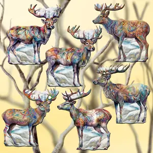 Designocracy 8090111C-S6 Handmade Wooden Clip-On Ornaments, 2x2x0.25 in Iconic Alaska Caribou Christmas Tree Decorations (Set of 6), 2 X 2 X 0.25 In