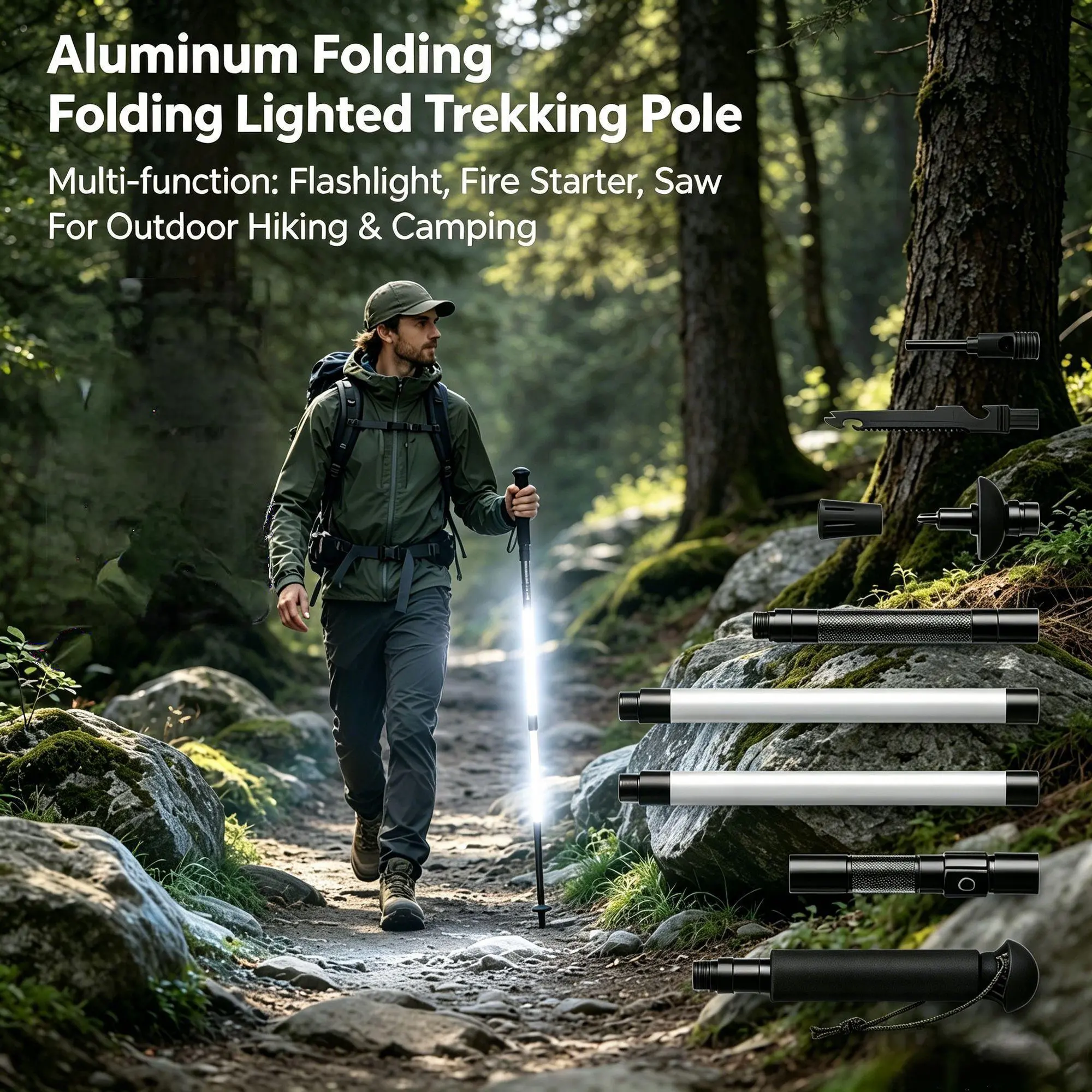 Aluminum Alloy Folding Lighted Hiking Stick - Built-in Flashlight, Fire Starter, Saw Tool, Rechargeable Lamp, Lightweight Telescoping Design for Easy Storage, Ideal for Trail Hiking & Light Outdoor Activities, Built-In Flashlight Hiking Sticks