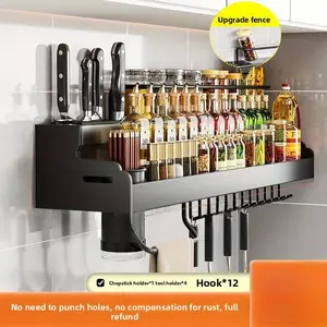 Double-layer Kitchen Spice Knife Storage Rack For Home Storage Decoration 7.68 inches width Wall-mounted Multifunctional Holder Punching-free Storage Organizer With Chopsticks Towel Rail and Utensil Hook