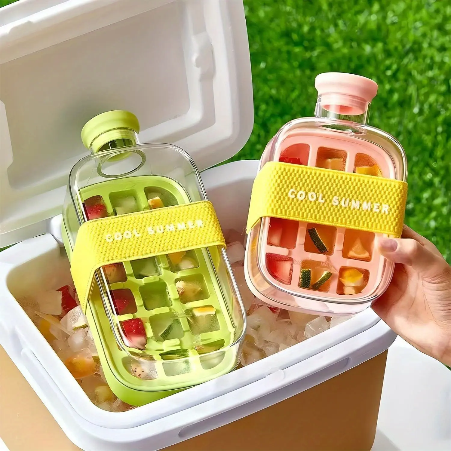 Vertical Ice Cube Bottle with Lid for Freezer 2 in 1 Touch-Free Tray Water Bottle Straw Bin Included Hygienic Practical 2 in 1 Design with Straw Bin