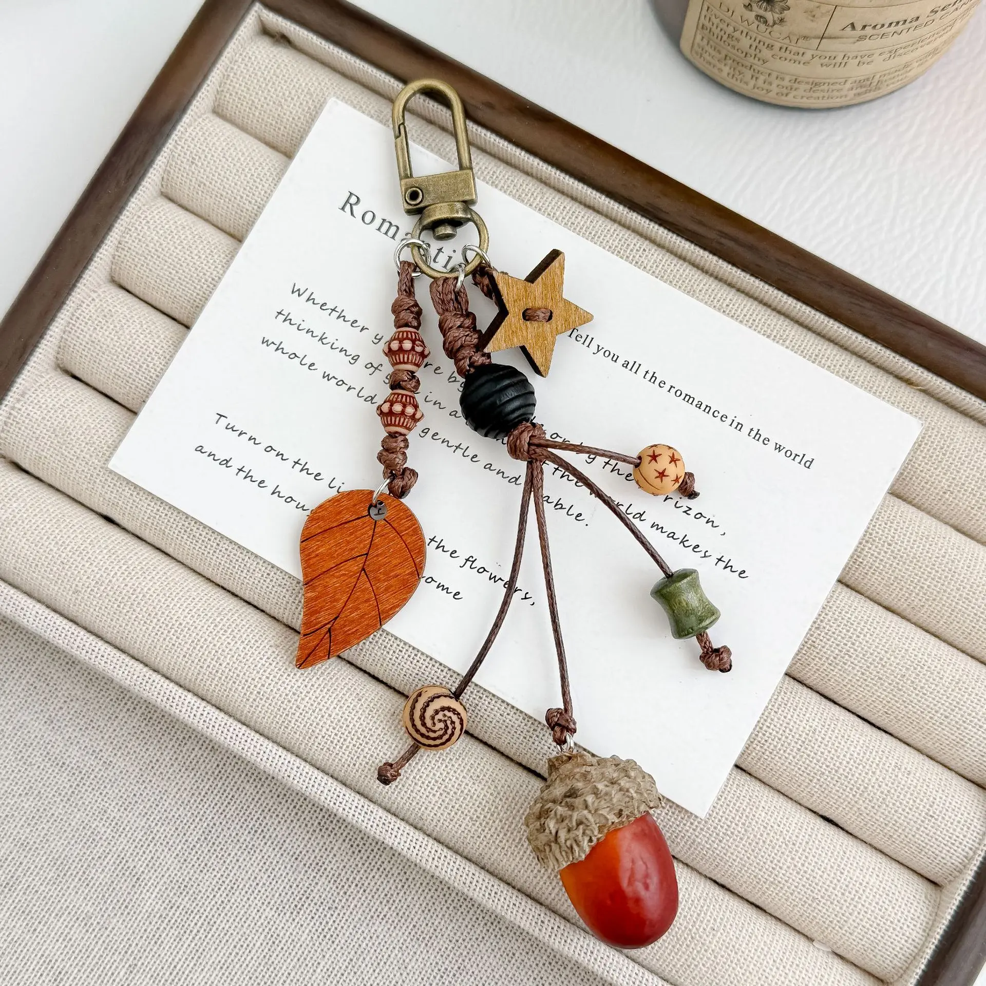 Cottagecore Unisex Wooden Acorn Star Keychain - Hand-Woven Wax Cord Wooden Bead Leaf Forest Theme Charm, Fall Accessory for Purse, Backpack Charms & Bag Chains