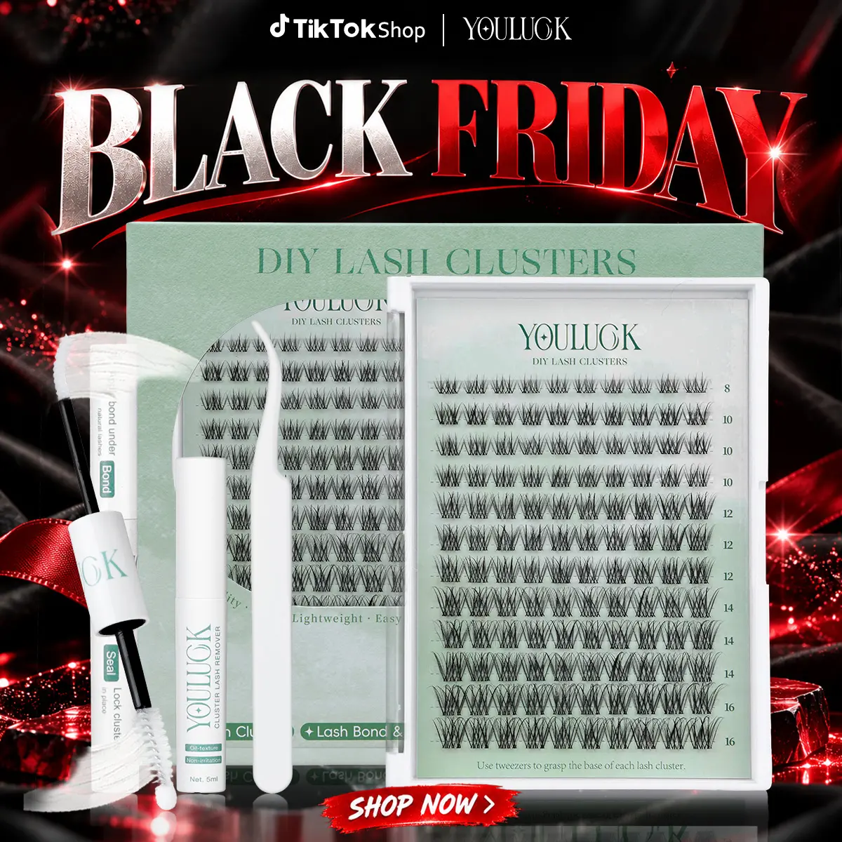 YOULUCK Lash Cluster Kit - Eyelashes Extensions Bundle with Ultra-Thin Invisible Band, Waterproof Long-Lasting Lightweight Wispy Natural Eyelash, Synthetic Cosmetic Lashes, Bond & Seal Adhesives for Women's Daily Elegance,familyfun