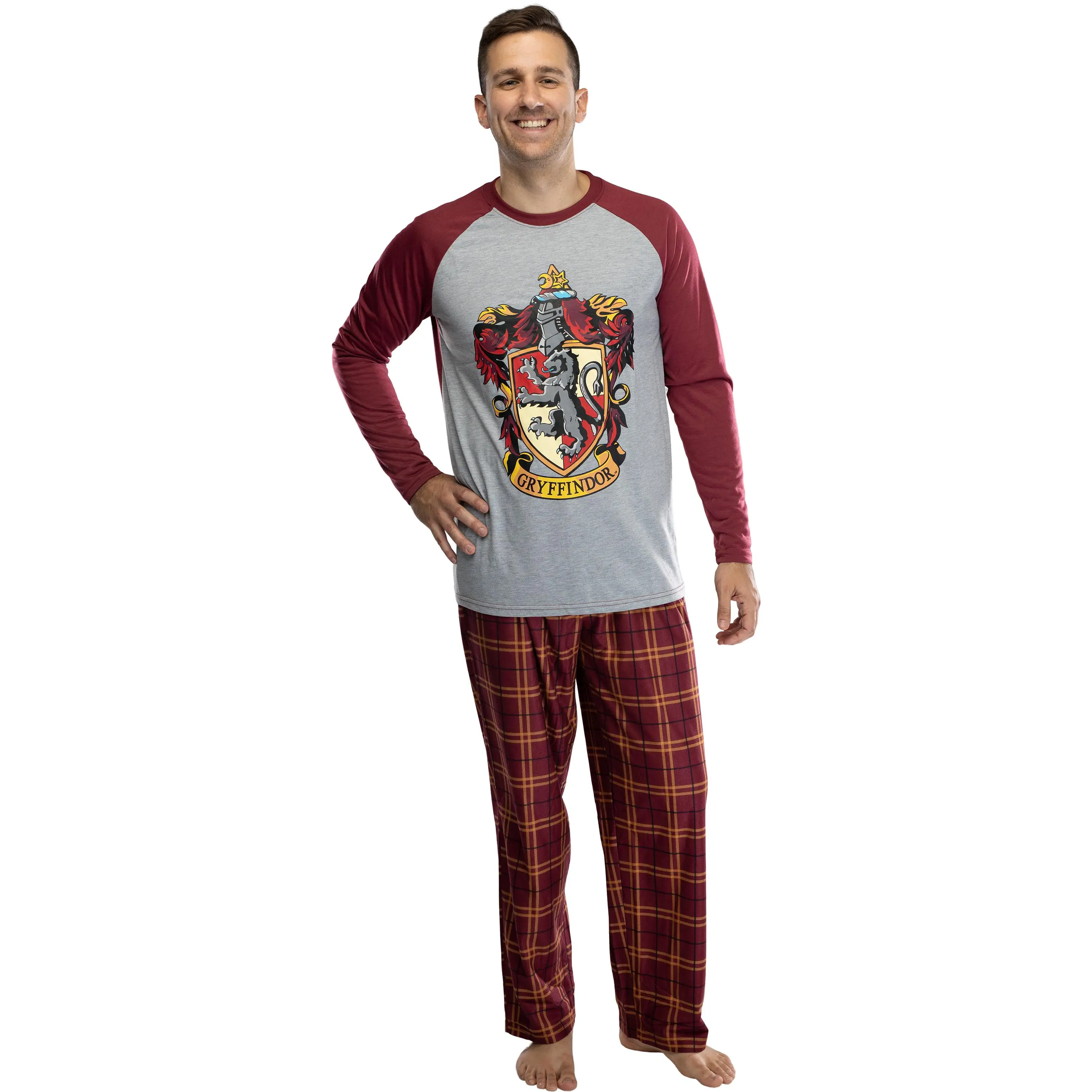 WB - Warner Bros Harry Potter Men's 2-Piece Polyester Raglan Shirt & Plaid Pajama Pants Set, Menswear Apparel Clothes for Lounge Sleepwear (Gryffindor, Ravenclaw, Slytherin, Hufflepuff), Pajama Set, Long Sleeve, Matching, Classic, Comfy, Soft, Stylish