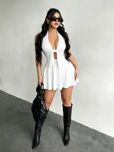Women's Halter Deep V Neck Mini Dress, Front Tie Hollow Out Short Skirt, Sexy Sleeveless Backless Bodycon Party Dress, Elegant Evening Wear