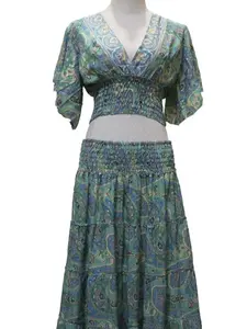 Bohemian Flowy Half Sleeves Top & Skirt Set for Casual Outings Women'swear Comfortable Fit Breezy Feel