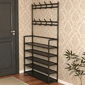 Multi-Functional Metal Clothes Rack - 66in×24in×10.5in Free-Standing Garment Rack with Detachable Hooks, Multiple Layers, Shoe Storage Organization for Homes, Home Accessories & Storage Holders