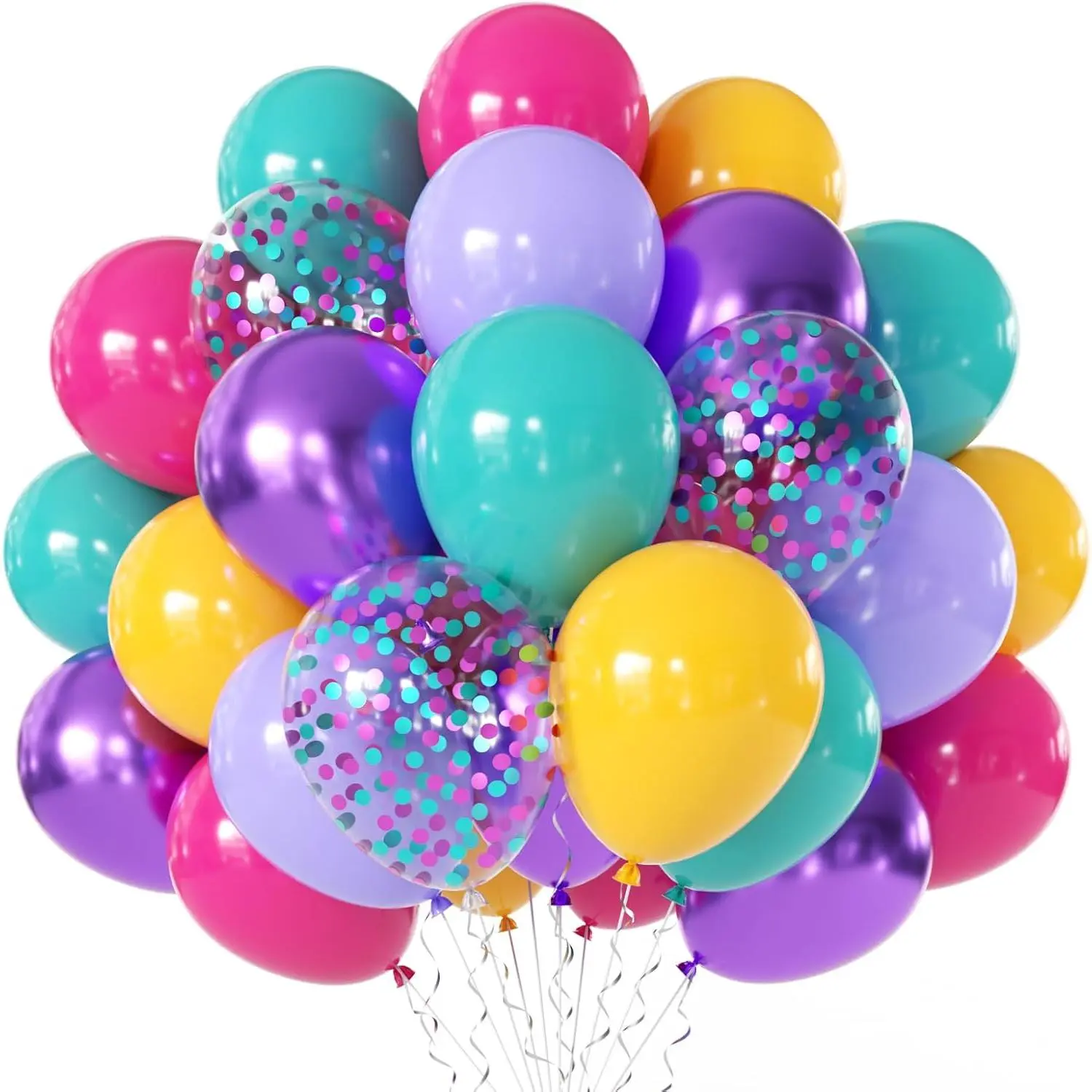 50-Pcs 12-Inch Thick Party Balloons Set - Pink, Blue, Metallic Purple, Teal, Yellow, Blue Gold Confetti Balloons for Magic Theme Birthday, Shower Decorations, Balloon Decor, Curling Ribbon