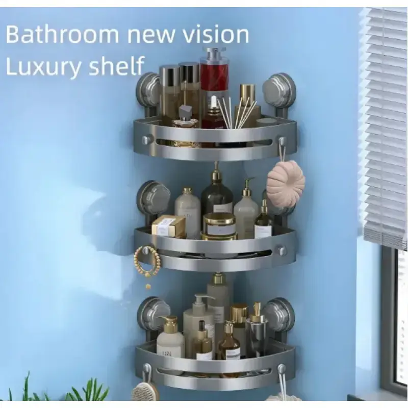 3-Pack Corner Shower Caddy, Gun Gray ABS Bathroom Organizer with Strong Suction Cups, No Drill 3-Tier Storage Shelves, 40LB Heavy Duty Shower Rack with Hooks for Shampoo, Soap & Toiletries