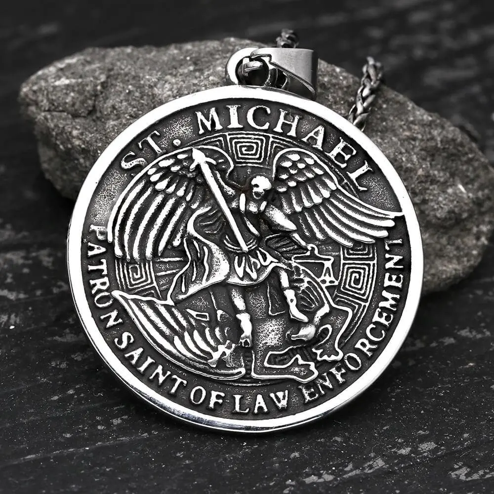 GTHIC Unisex St. Michael Stainless Steel Pendant Necklace, Vintage Archangel Design, 46x52mm Pendant, 46.7mm Length, Casual/Party Daily Wear, Personalized Birthday Gift, Protection And Strength
