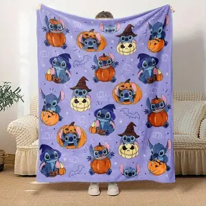 DISNEY CLASSIC Stitch Halloween Throw Blanket - Soft Flannel All-Season Blanket with Stitch & Pumpkin Design, Halloween Decorations