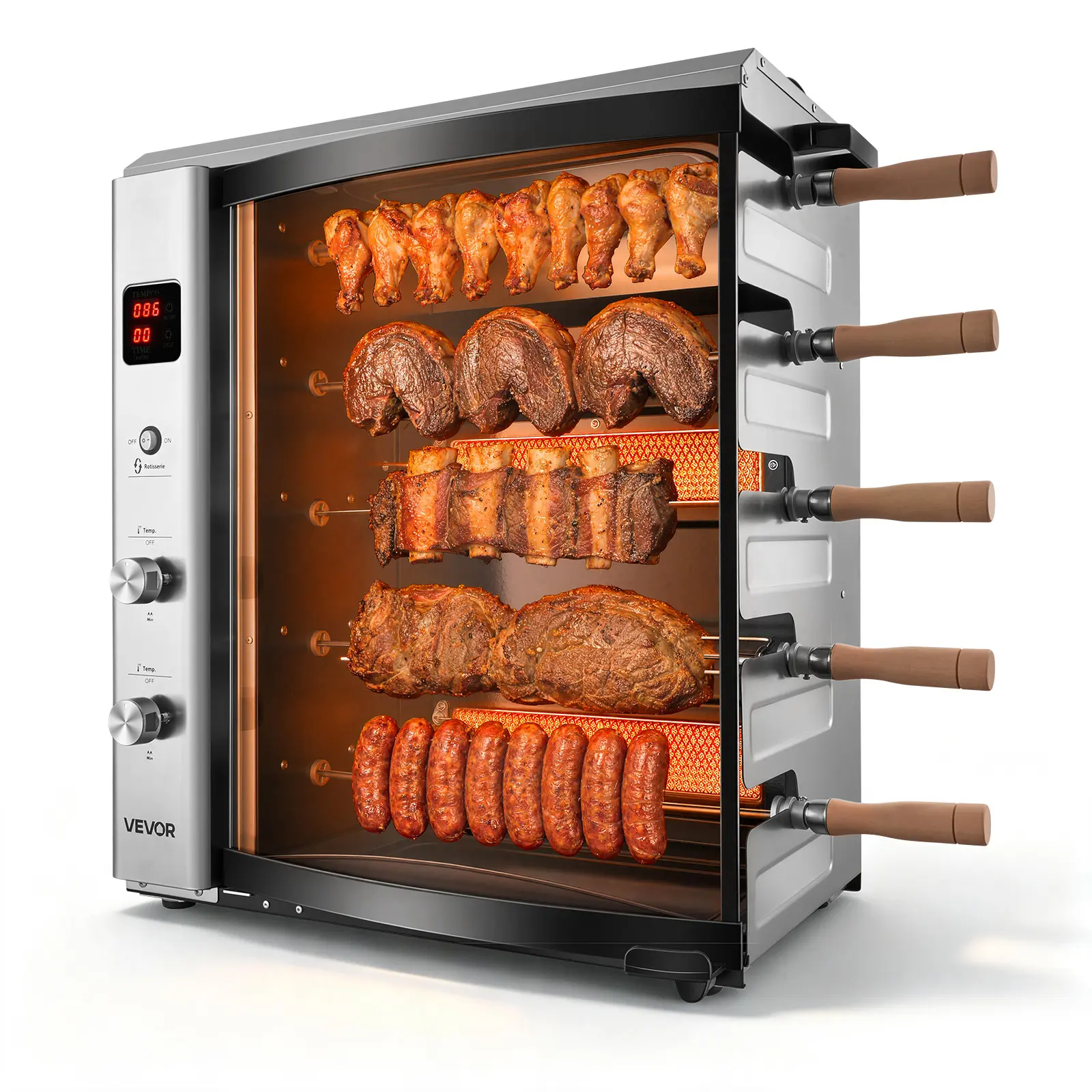 VEVOR Countertop Vertical Oven Brazilian Flame 5 Auto Rotating Skewers, for Steak, Fish, Lamb Leg, Outdoor Gas Heating Rotisserie Shawarma Machine, Meat Kebab Grill, with Curved Glass Door