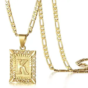 KissYan Initial Letter Pendant Necklace for Men & Women, 14K Gold Plated Copper Alphabet Necklace on Figaro Chain