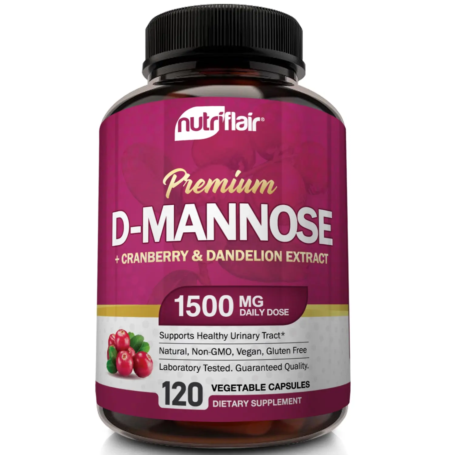 NutriFlair D-Mannose, Cranberry & Dandelion Extract Healthcare Supplement, Bladder & Kidney Health Support, Natural Dairy-Free, Vegan-Friendly - 120 Capsules
