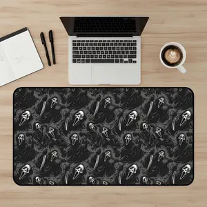 Ghostface Pattern Desk Mat: Black Slasher Movie Mousepad, Large Neoprene Gaming Pad, Horror Fan Gift, Dark Aesthetic Desk Decor