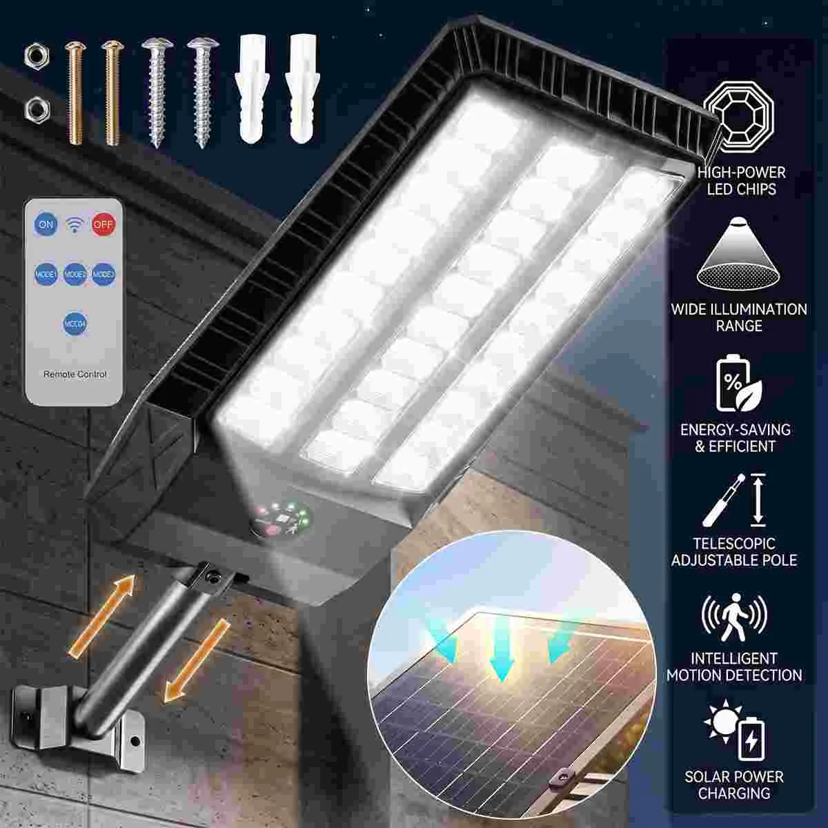 【Summerfinds】800w   Commercial LED Solar Street Light with Dusk-to-Dawn Auto On/Off Waterproof Outdoor Security Lighting for Parking Lots Yards and Roads
