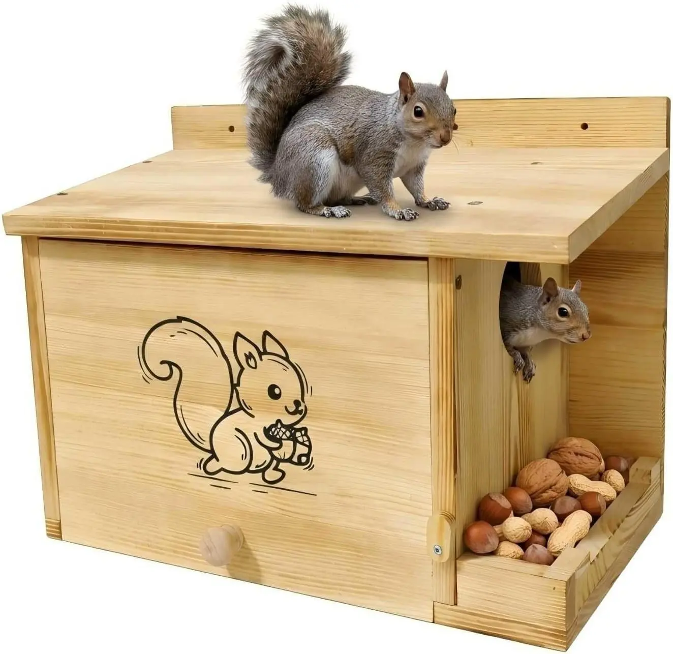 Extra Large Squirrel House 15.7” - Anti-Predator Nest Box with External Feeder, Carbonizedpine woodOutdoor Squirrel Shelter, 2-in-1 Backyard Wildlife Habitat for Tree or Fence Mount