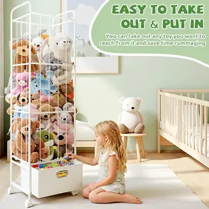 Tall Metal Stuffed Animal Storage Zoo, Plush Toy Organizer with Fabric Drawer & Wheels – Holds 20+ Stuffed Animals, Vertical Plush Cage with Elastic Bands for Nursery, Playroom, Corner.
