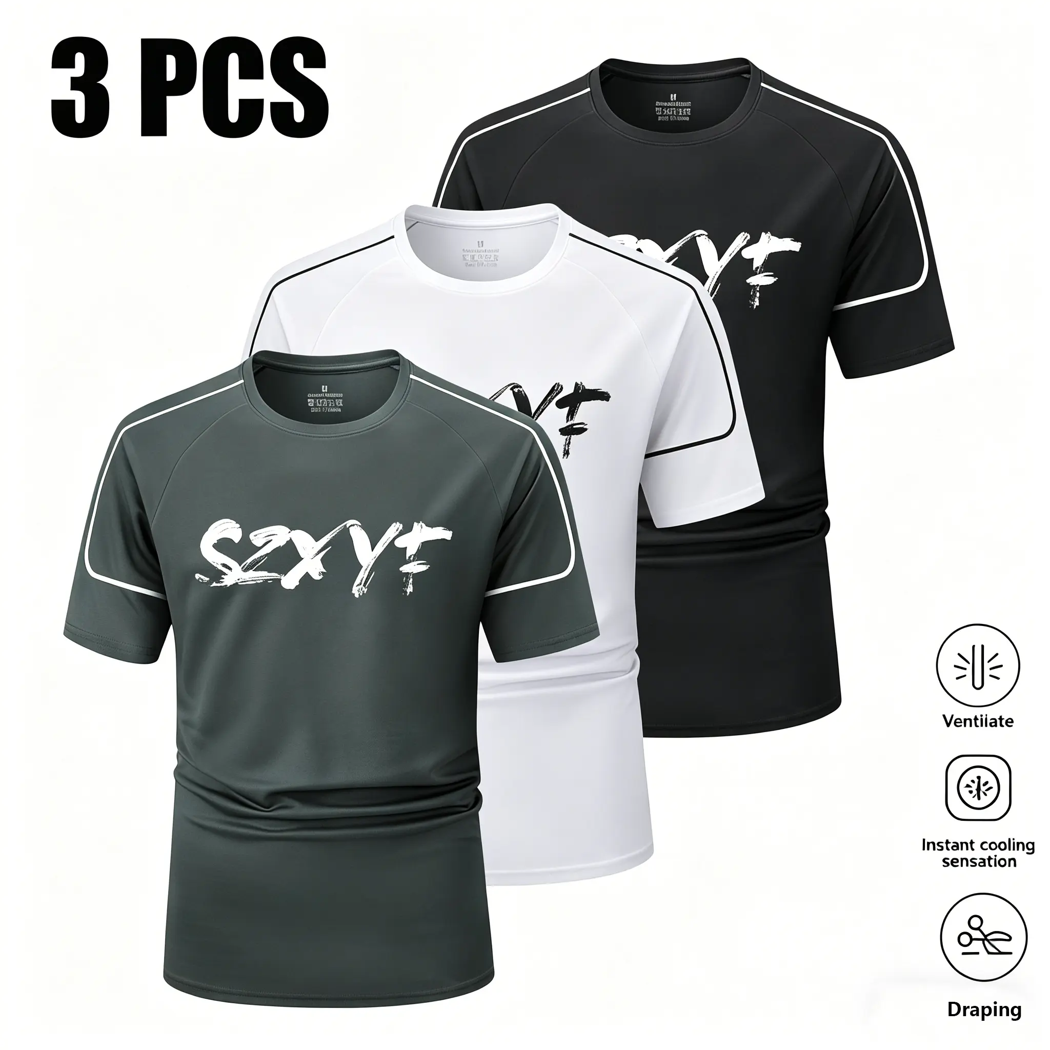 Men’s Multi-pack Solid-color Crew-neck Compression Shirts, Quick-drying Breathable Short-sleeve Letter Print Sport T-shirts, Loose-fit All-season Activewear for Running, Fitness Training, Men's Compression Shirts