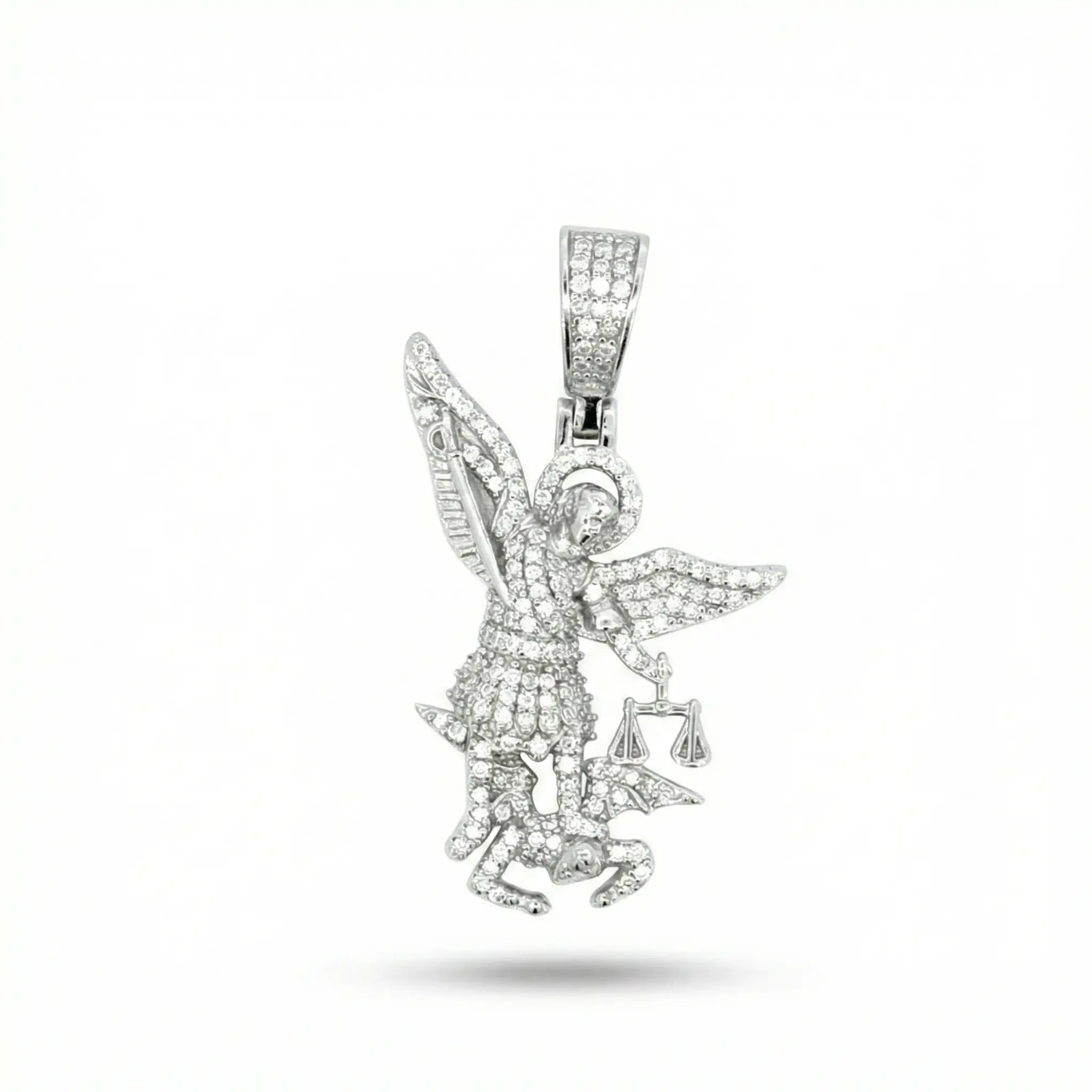 Unisex Religious Detailed Iced-Out St. Michael the Archangel Moissanite Pendant, Artificial Gemstone Jewelry Accessory