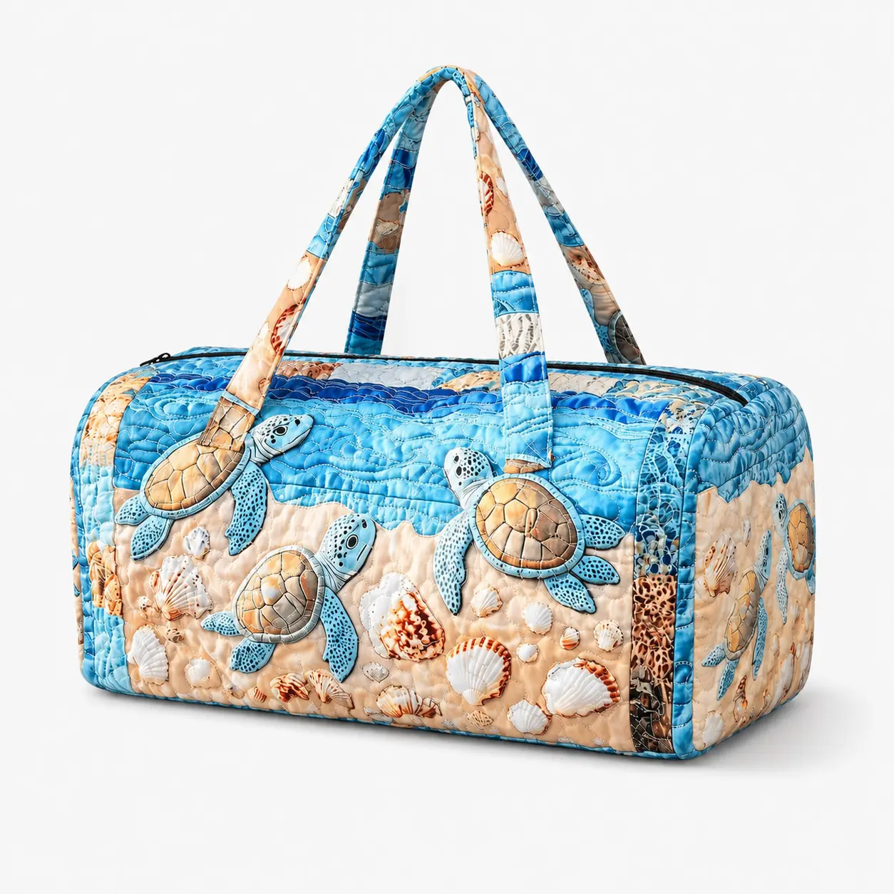 Quilted Sea Turtle Duffel Bag - 21in Ocean Print Sporty Gym Bag with Zipper Closure, White Lined Interior, Inner Zipper Pocket for Outdoor Trips, Sports Use, Sporty Gym Bags